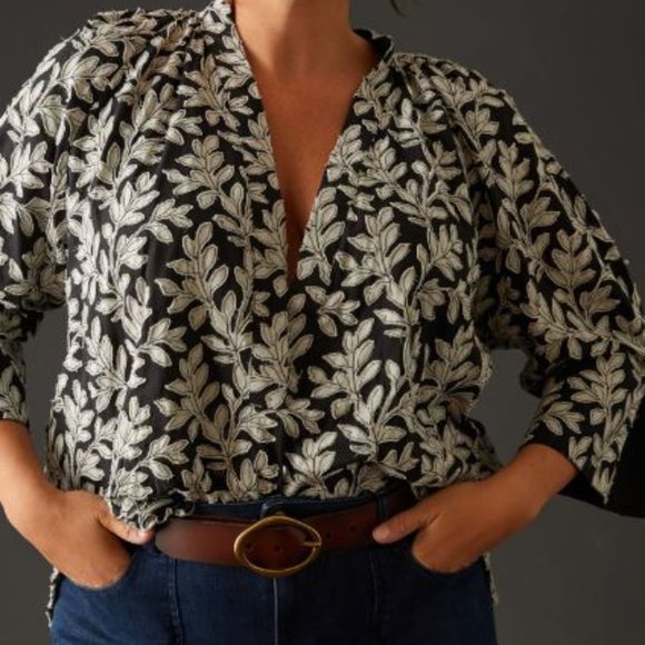 By Anthropologie Popover Blouse Black with Floral Embroidery Size L - Picture 1 of 4